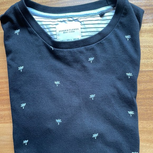 Denim & Flower Ricky Singh Men's L Black S/S Palm Slim Fit Shirt Top Tee - Picture 9 of 9